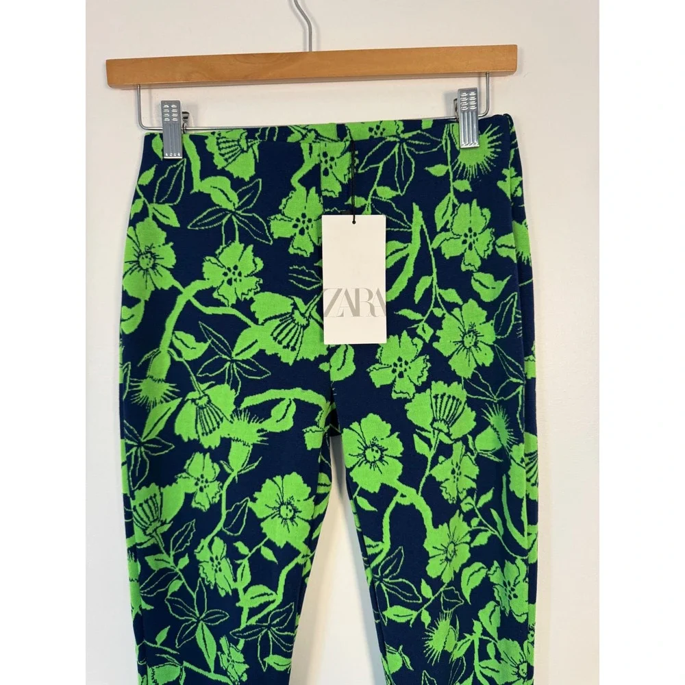 Retro Floral Zara Women Small Flare Pants Navy Lime Green‎ High Rise NWT